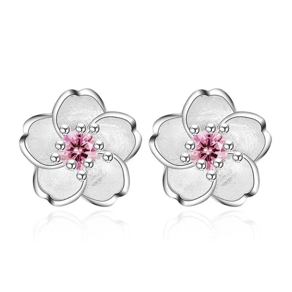 Cherry Flower Blossom Silver Crystal Stud Earrings for Women - Picture 1 of 4